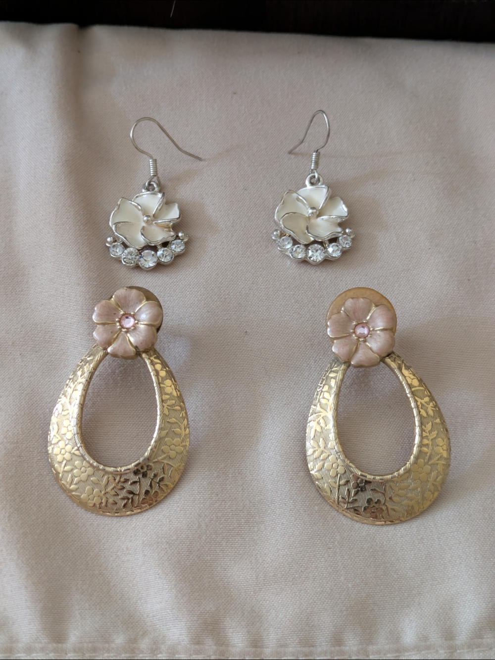 Gold Floral Teardrop Earrings with Pink Flower Accent & Off White Enamel Flower